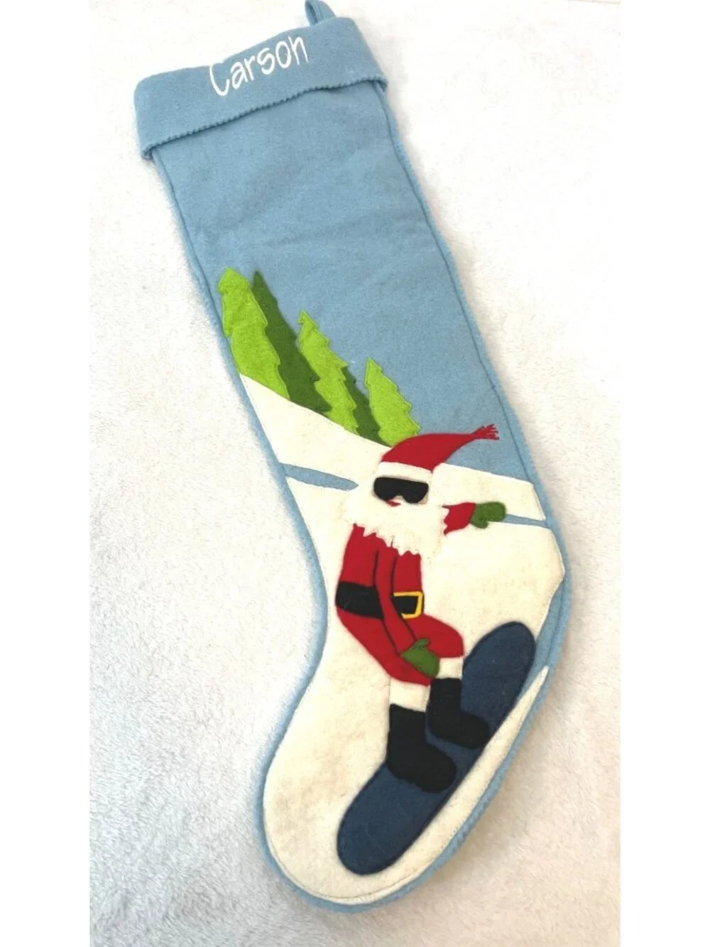 Garnet Hill Wool Christmas Stocking Light Blue Santa Snowboarding 24